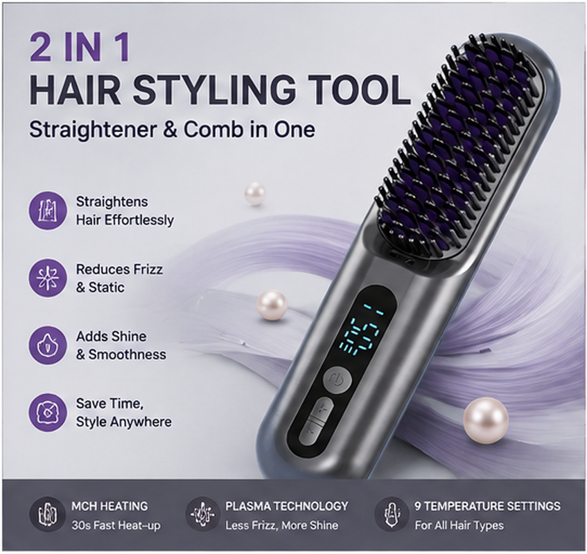2-in-1 Hair Straightener Brush & Styling Comb | 9 Heat Settings