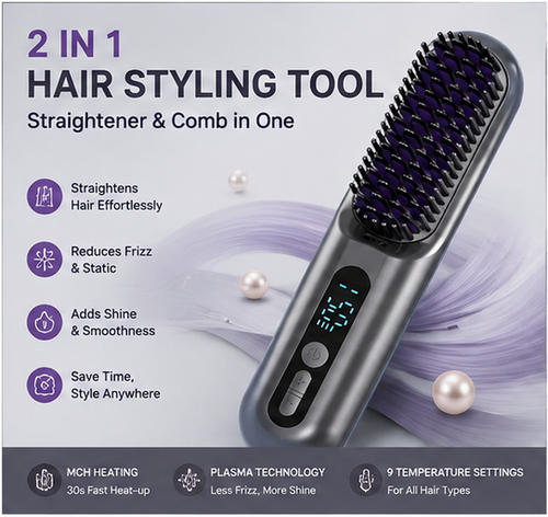 2-in-1 Hair Straightener Brush & Styling Comb | 9 Heat Settings