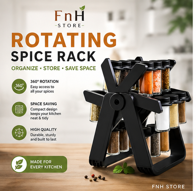 18-Jar Rotating Spice Rack Organizer | 360° Revolving Kitchen Spice Holder with Glass Jars