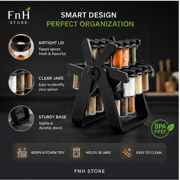18-Jar Rotating Spice Rack Organizer | 360° Revolving Kitchen Spice Holder with Glass Jars