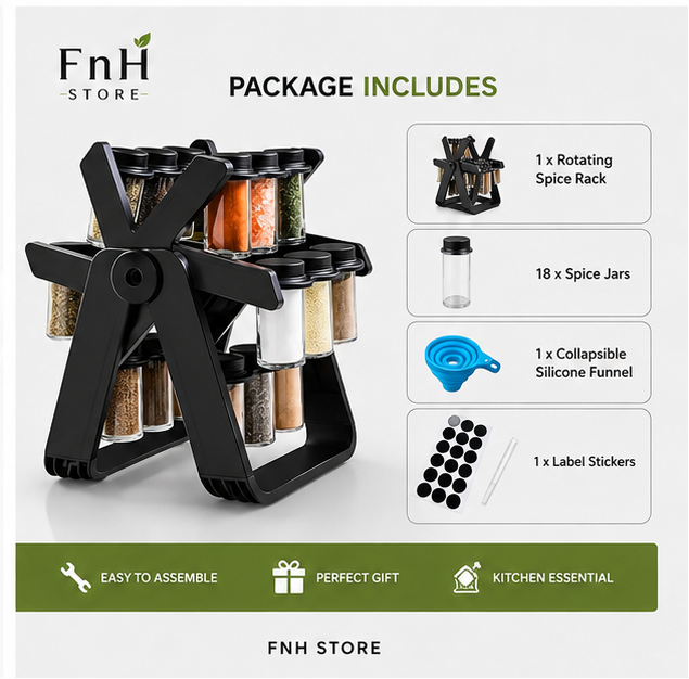 18-Jar Rotating Spice Rack Organizer | 360° Revolving Kitchen Spice Holder with Glass Jars