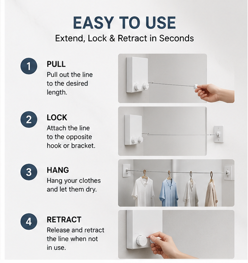 Retractable Clothesline | Heavy Duty Wall Mounted Indoor & Outdoor Laundry Drying Line